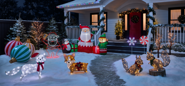 Shop For Living Outdoor Inflatable Ornaments with Pump, 3-pk, CANVAS Indoor/Outdoor Arctic Freddy The Fox, 28-in, Noma Pre-Lit Neon Santa with Bell Motion Christmas Decoration, 4-ft, CANVAS Whimsical Collection Georgie the Corgi with 40 Warm White LEDs, 27-in, Gemmy Airblown Wide Santa and Friends Decoration, 9-ft, NOMA Ultra-Bright Indoor/Outdoor Animated Twinkling Snowflake Decoration, NOMA Pre-Lit, Outdoor, Neon Candy Cane, Motion Christmas decoration, CANVAS Blossom Twinkle Trees with 160 Warm White LEDs, 120-cm, 2-pk and more