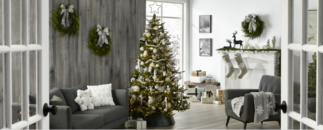 Shop CANVAS Un-Lit Indoor Christmas Decoration Pine Wreath, 24-in, CANVAS Black & White Bow, CANVAS Silver Frost Collection Snowflake & Square Glitter Cushion/Throw Pillow, 16x16-in, 2-pk, CANVAS Jeweled Star Tree Topper, CANVAS Rhodes Pre-Lit Indoor Unswept Christmas Tree with 650 LEDs, Alpine, 7-ft, CANVAS Silver Frost Collection Grey Snowflake Knit Stocking, 18.5-in, CANVAS Standing Matte Black Deer, 18-in, CANVAS Silver Frost Collection Reversible Grey Snowflake Throw Blanket, Grey, 50x60-in and more