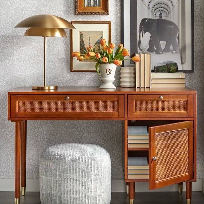 user image by @angelosourmelis, Angelo:HOME Allen Faux Rattan Front Accents Desk Walnut: Laminated Writing Desk, Enclosed Storage Cabinet