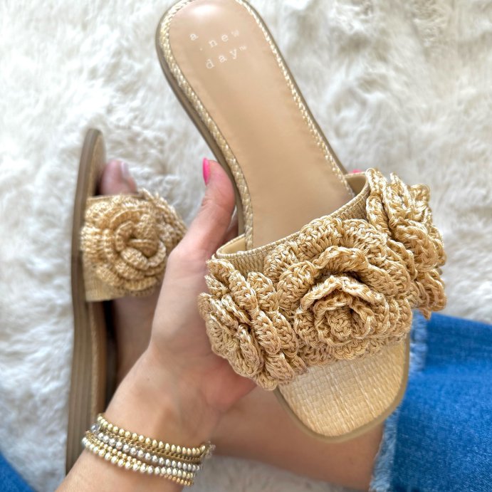 user image by @fashionablyjess, Women&#39;s Coco Raffia Flower Slide Sandals - A New Day&#8482; Tan