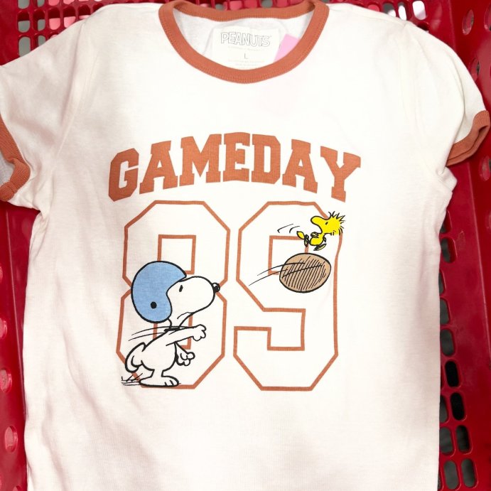 user image by @thathappytargetchick, Women's Snoopy Game Day Ringer Short Sleeve Graphic Baby T-Shirt - Off-White