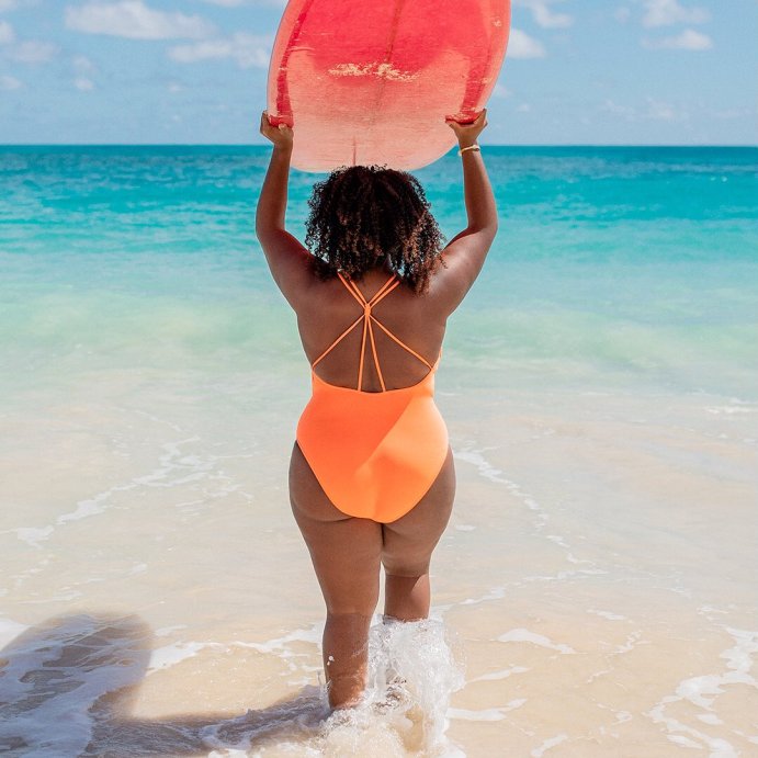 user image by @landsend, Lands' End Women's Tugless QuickDry V-Neck Multi-Way High Leg One Piece Swimsuit
