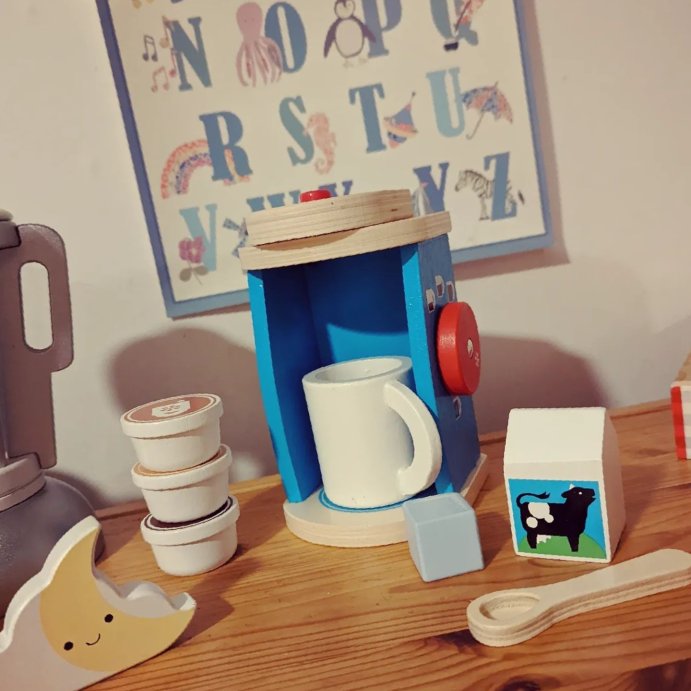 user image by @our.cosy.liverpool.home, Melissa &#38; Doug 11-Piece Brew and Serve Wooden Coffee Maker Set - Play Kitchen Accessories