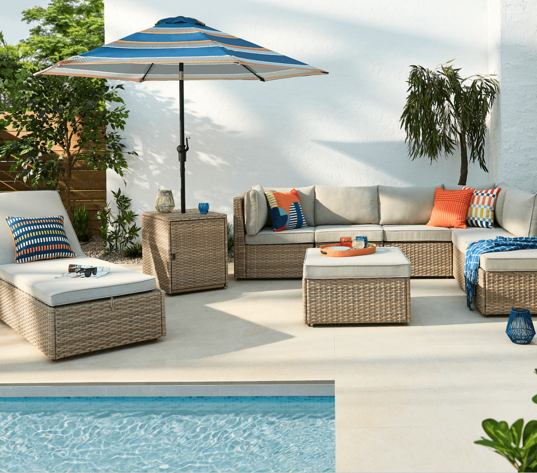 Shop CANVAS Baysville All-Weather Wicker Rectangle Outdoor Patio Lounger Chair with Fade/Water-Resistant Cushion, CANVAS Baysville All-Weather Wicker Rectangle Outdoor Patio Umbrella Side Table Stand, CANVAS Blue & Orange Striped Market Umbrella, Polyester Fabric, Multicoloured Stripes, CANVAS Baysville Square Modular Outdoor Patio Conversation Sectional Set with Water/Fade Resistant Cushions, 6-pc, CANVAS Colour Spritz Orange Striped Cushion Cover, Water/Stain/Fade-Resistant, Cover Only No Insert, 18 x 18-in, CANVAS Lantern, Sage or Blue, Assorted and more