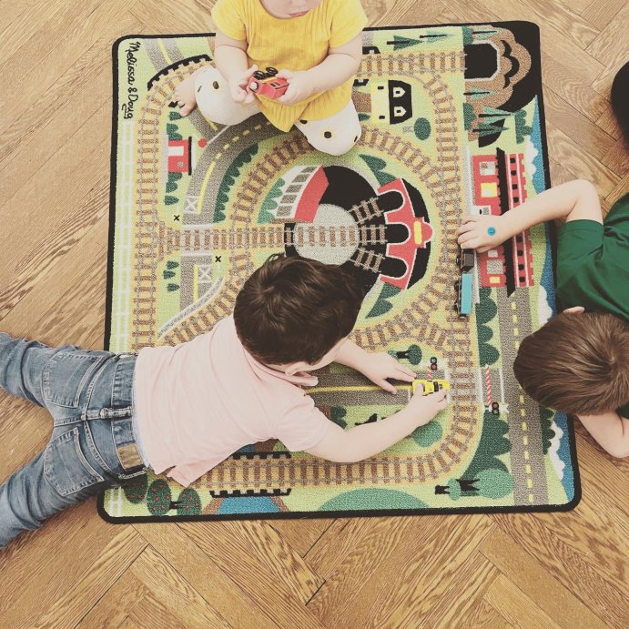 user image by @megmontegari, Melissa &#38; Doug Round the Rails Train Rug With 3 Linking Wooden Train Cars  (39 x 36 inches)