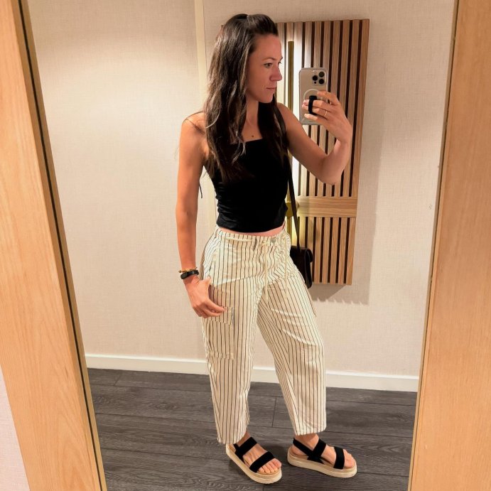 user image by @nerissa5, Women's Mid-Rise Barrel Leg Jeans - Future Collective Black Striped