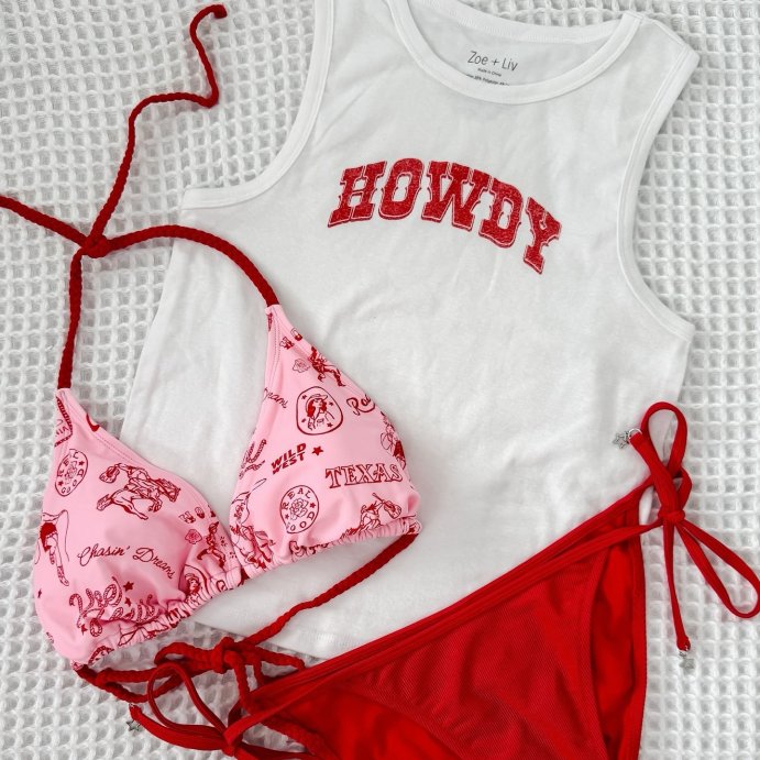 user image by @saltedrosestyle, Women's Braided Rope Trim Triangle Bikini Top - Wild Fable™ Pink and Red Cowgirl Print