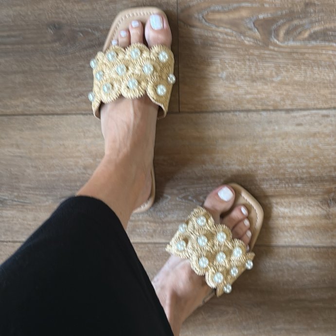 user image by @_katies.korner_, Women&#39;s Delaney Ornament Slide Sandals with Memory Foam Insole - A New Day&#8482; Tan