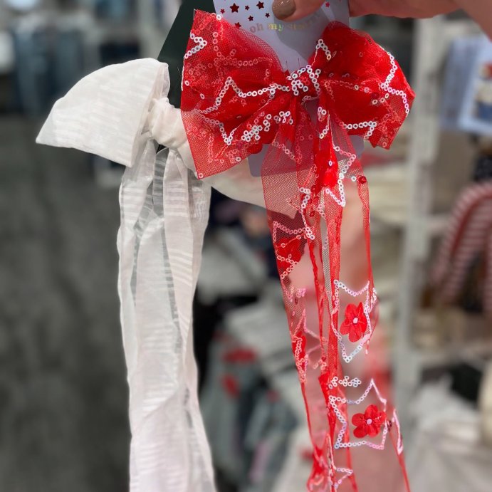 user image by @mamaneedsacoffeexo, Americana Star Flower Long Hair Bow Barrette - Red/White/Blue