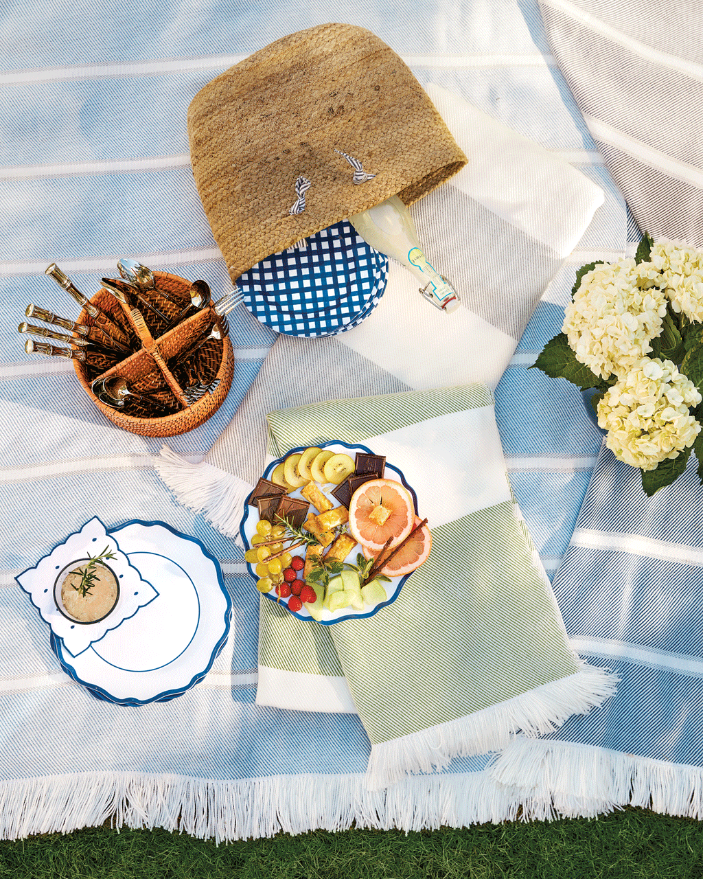 Shop Boardwalk Sunbrella Indoor/Outdoor Throw, Scalloped Melamine Dinner Plates - Set of 4, Piper Woven Utensil Caddy, Gingham Melamine Accent Plates, French Riviera Jute Tote - Ballard Designs and more