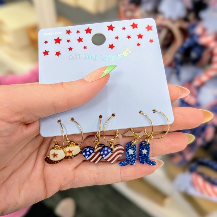 user image by @momshopahaulics, Americana Heart Boot and Hat Hoop Earring Set 3pc - Red/White/Blue
