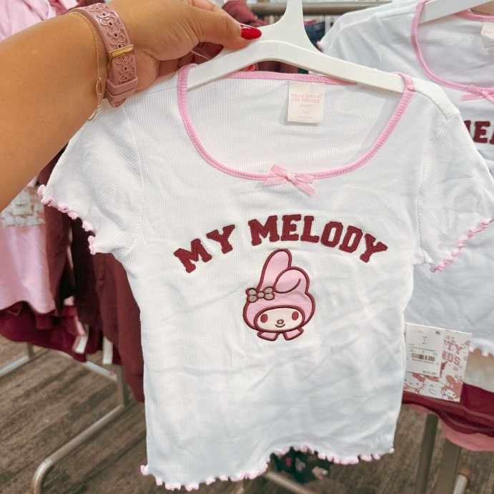 user image by @targetkiddos, Girls' Sanrio My Melody Lettuce Edge Ribbed Graphic T-Shirt - White/Pink