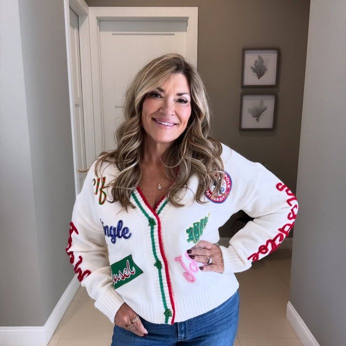 user image by @michmickstyle, Women's Holiday Patchwork Festive Graphic Cardigan - Cream