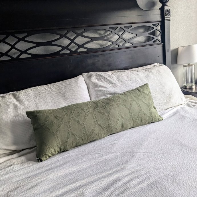 user image by @vandenbosch.home, 14&#34;x36&#34; Trellis Pattern Lumbar Bed Pillow Sage Green - Hearth &#38; Hand&#8482; with Magnolia