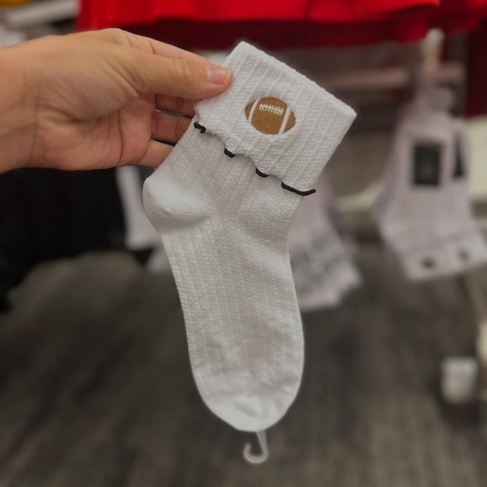 user image by @lifestyledbybecca, Women's Game Day Embroidered Football Pointelle Bobby Socks with Lettuce Edge Cuff - Wild Fable™