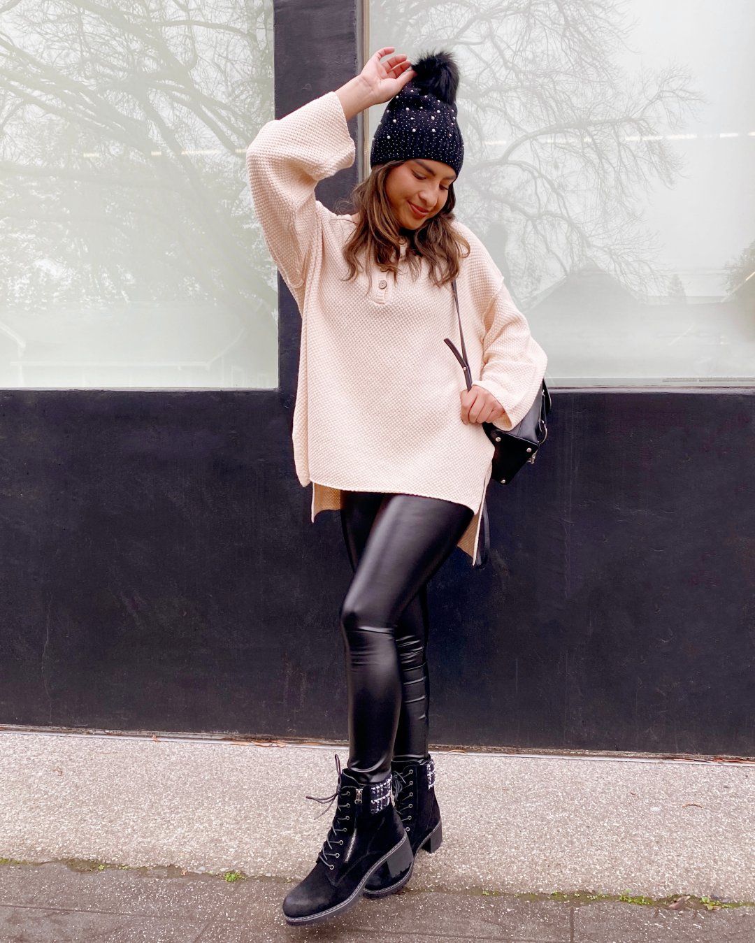 Cute Hiking Outfit: Ripped Jeans, Duck Boots, Chunky Sweater