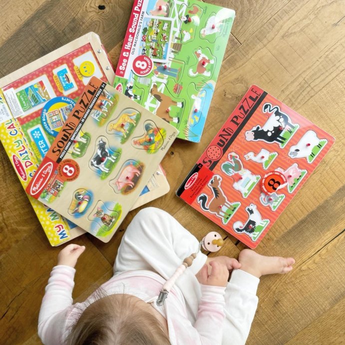 user image by @melissaanddougtoys, Melissa &#38; Doug Farm Sound Puzzle - Wooden Peg Puzzle with Light-Activated Sound Effects - 8pc