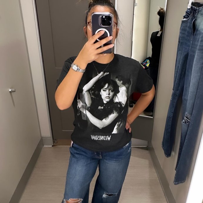 user image by @tiffaniex4_mylife, Juniors Womens Wednesday Black and White Dance Scene T-Shirt