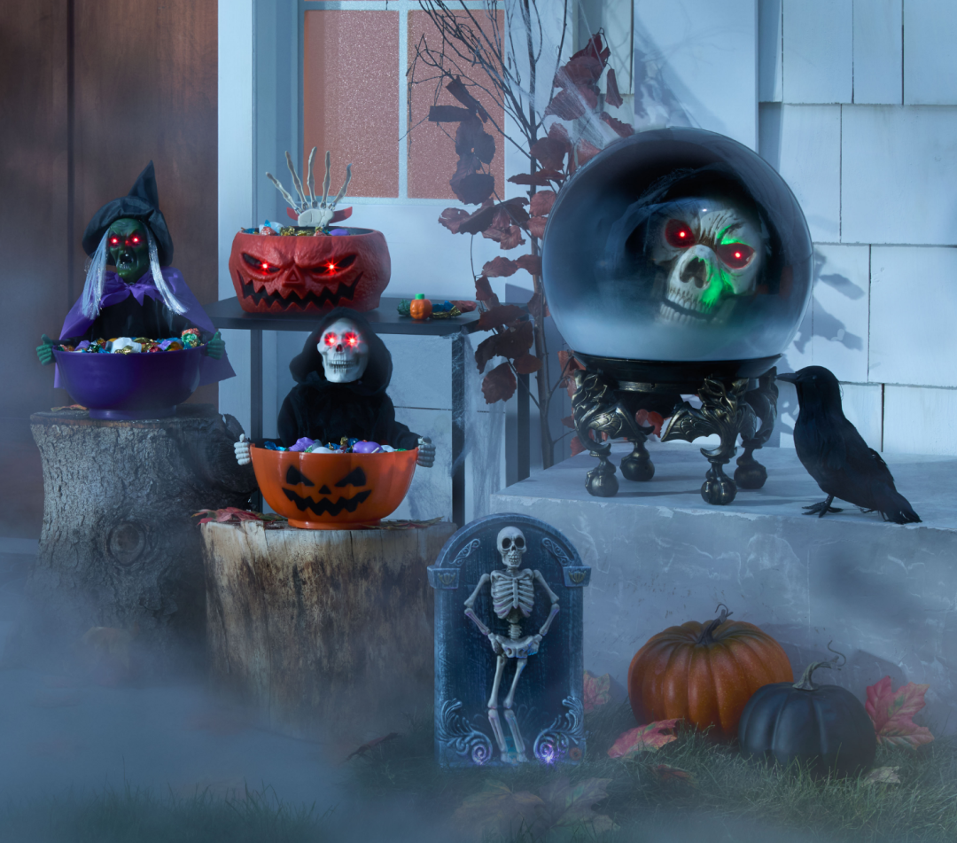 Shop For Living Light Up Animated Candy Bowl Witch, 10-in, For Living Hand Grabber Candy Bowl Pumpkin, 5x10x10-in, For Living Light Up Animated Candy Bowl Reaper, 10-in, Gemmy Animated Dancing Skeleton with Tombstone, 12-in, Gemmy Animated Crystal Ball Swampy Reaper Decoration, 1-ft and more