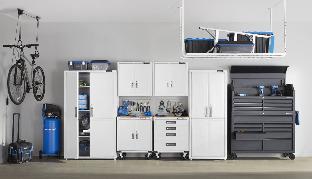 Shop Mastercraft 42" White 2-Door Tall Cabinet with Adjustable Shelves, 42 x 18 x 72-in, Mastercraft 28" White 2-Door Wide-Wall Cabinet with Adjustable Shelves, 28 x 12 x 28-in, Mastercraft 28" White 2-Door Wide-Base Cabinet with Castors & Adjustable Shelves, 28 x 18 x 34.5-in, Mastercraft 28" White Wide-4 Drawer Wooden Top Base Cabinet with Castors, 28 x 18 x 34.5-in, Mastercraft 30" White 2-Door Tall Cabinet with Adjustable Shelves, 30 x 18 x 72-in and more