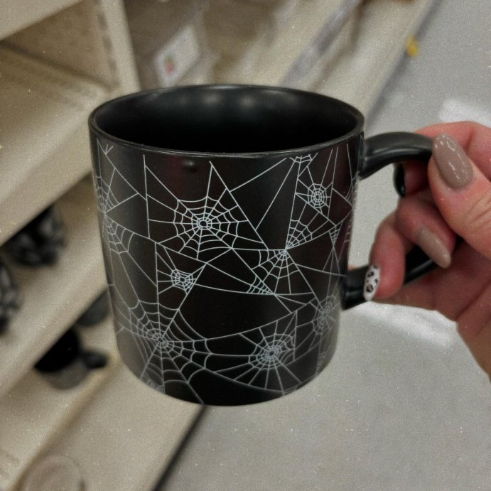 user image by @candlesncardigans, 16oz Halloween Stoneware Spider Web Pattern Mug - Hyde and EEK! Boutique&#8482;: Dishwasher-Safe Black Drinkware