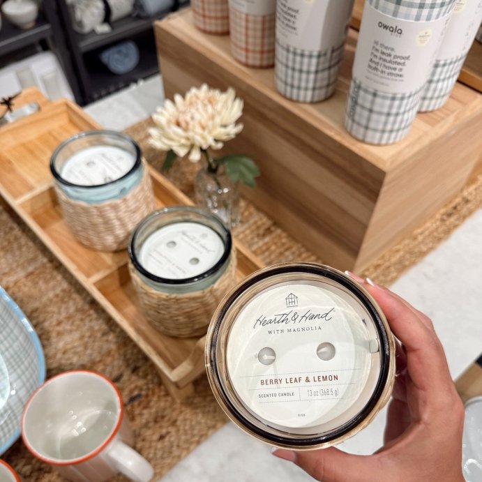 user image by @tinytrendswithtori, 2-Wick Tinted Glass Berry Leaf &#38; Lemon Rattan Wrapped Jar Candle Coral 13oz - Hearth &#38; Hand&#8482; with Magnolia