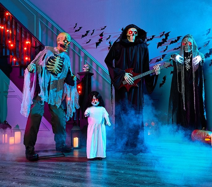 Shop Bluetooth Reaper With Guitar Animatronic Halloween Decoration, 6-ft, For Living Zombie Animated LED Light-Up Standing Character with Batteries, Sound & Light Activated Indoor/Outdoor Decoration for Halloween, White, 3-ft, For Living Skeleton Grim Reaper Animated LED Light-Up Hanging Character, Black, 6-ft, Sound & Light Activated Indoor Decoration for Halloween, Gemmy Skull Fibre Optic LED Light-Up Prop with Batteries, White, 6-in, Light Activated Indoor Decoration for Halloween and more