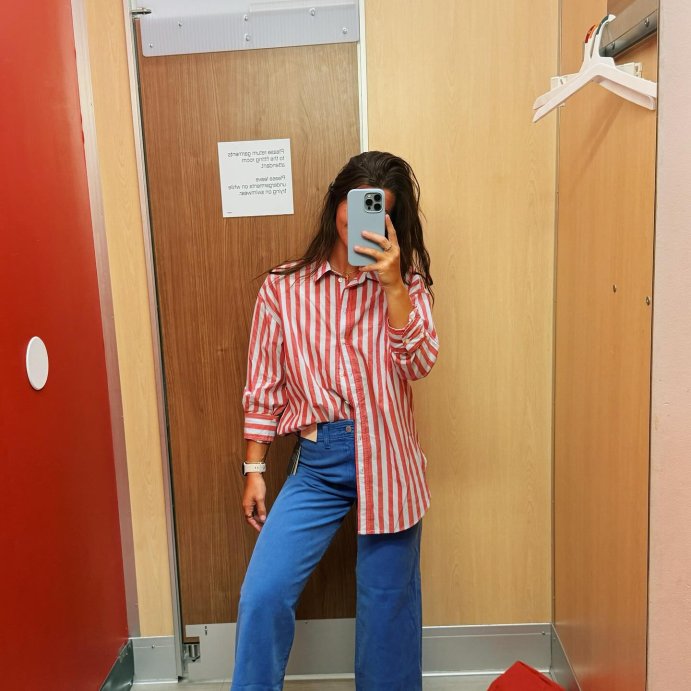 user image by @ms.mackenzie_, Women's Oversized Long Sleeve Collared Button-Front Shirt - Universal Thread™ Red Striped