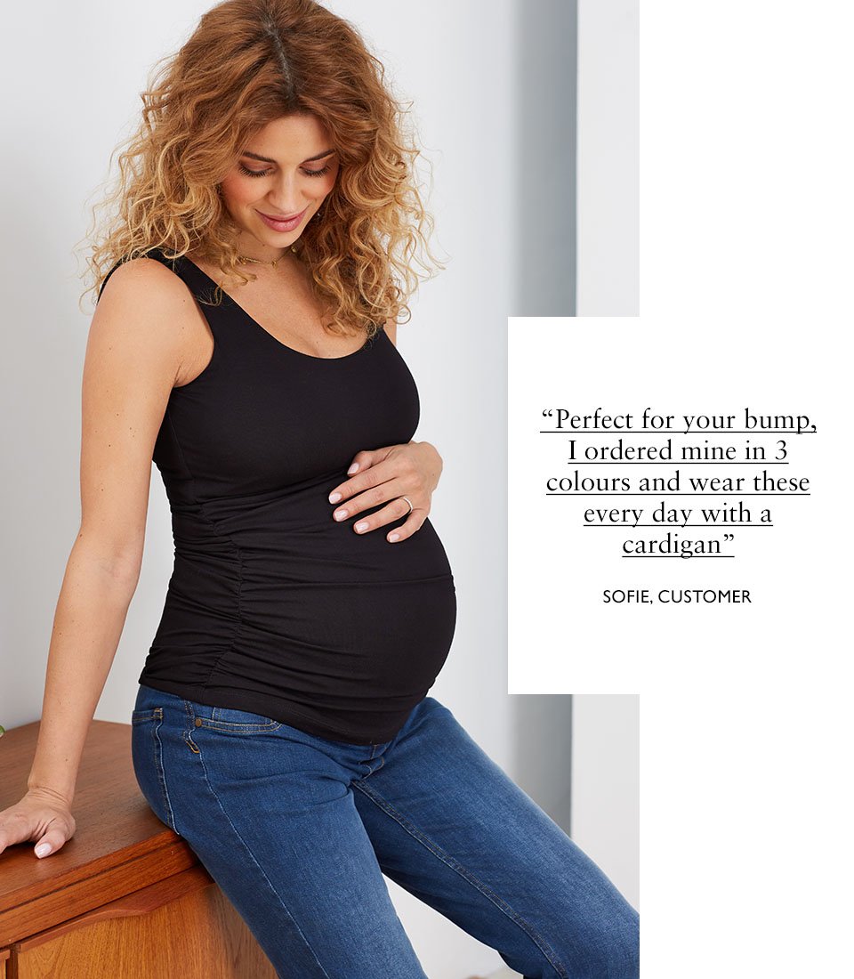 Shop Isabella Oliver The Maternity Tank with LENZING™ ECOVERO™-Caviar Black, Isabella Oliver Over the bump Organic Maternity Boyfriend Jean-Washed Indigo and more