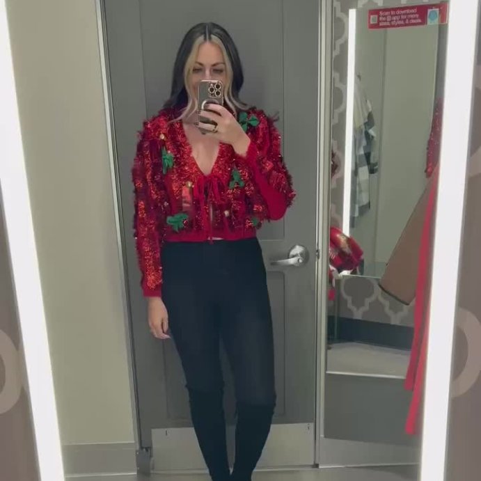 user image by @leahz_likes, Women's Tinsel Festive Graphic Cardigan - Red