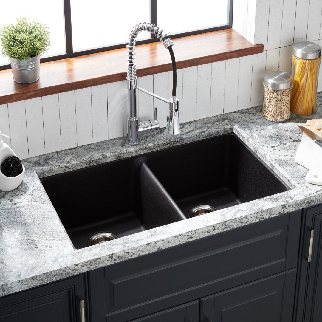 33" Totten DoubleBowl Granite Composite Undermount Kitchen Sink Black Kitchen Sinks Sinks