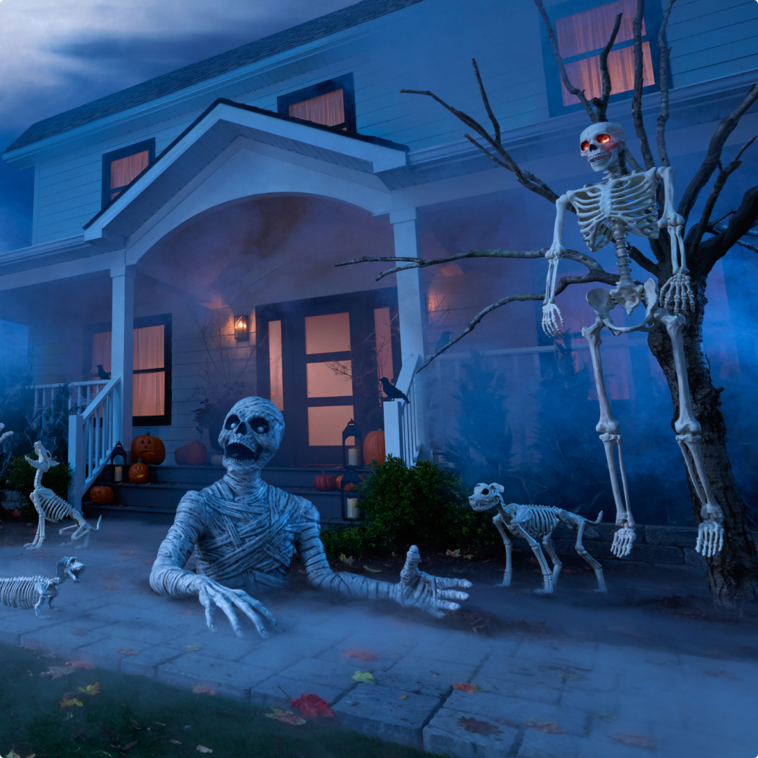 Shop Howling Skeleton Wolf Plastic Halloween Decoration, 27-in, Mummy Arms Ground Breaker Halloween Decoration, 3-ft, Buster Bonez Skeleton Dog Halloween Decoration, 20-in, Talking Bonez Light Up Eyes Skeleton, Battery Powe and more