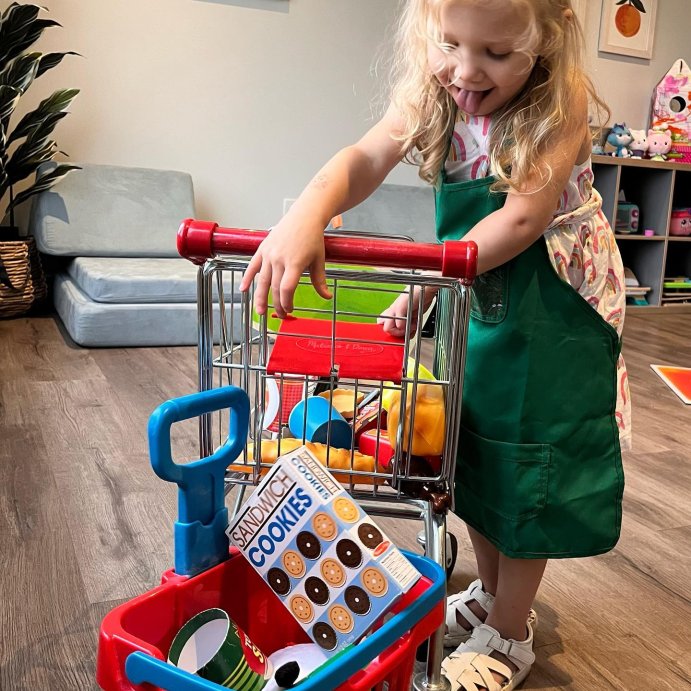 user image by @1thecherryontop, Melissa &#38; Doug Fill and Roll Grocery Basket Play Set With Play Food Boxes and Cans - 11pc
