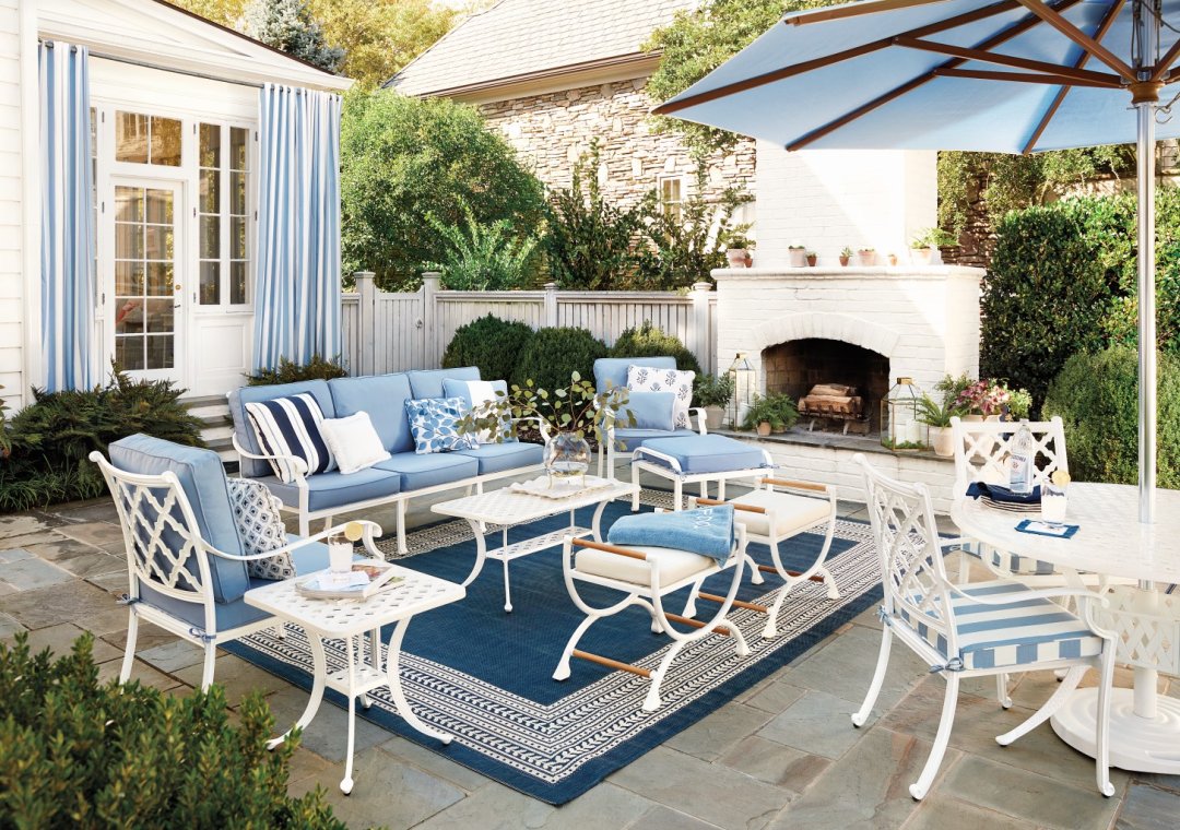 Shop Connelly Outdoor Bench, Maison Rectangular Coffee Table - Ballard Designs, Suzanne Kasler Fleur Indoor/Outdoor Rug, Maison Sofa with 3 Cushion Sets - Ballard Designs, Maison Lounge Chair & Ottoman, Maison Side Table - Ballard Designs, Sunbrella Indoor/Outdoor Drapery Panel, Oval Back Louis XVI Chair and more