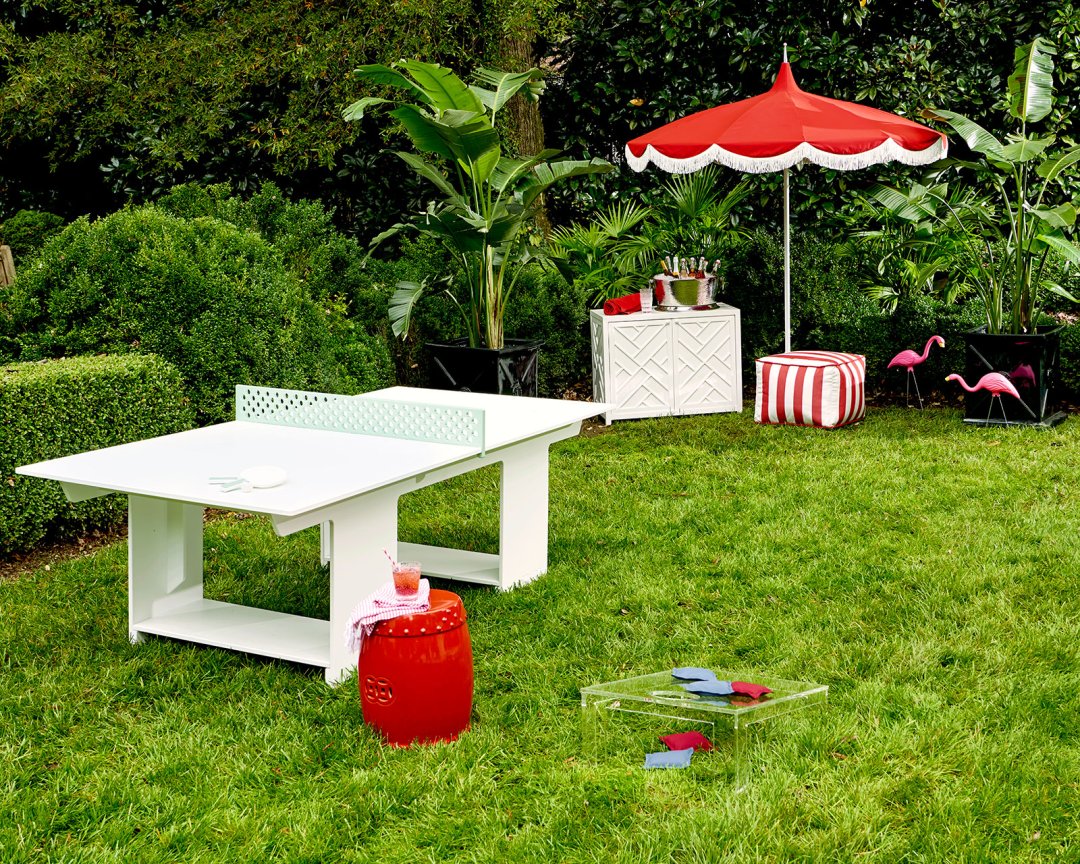 Shop Del Ray Outdoor Ping Pong Table, Acrylic Cornhole, Outdoor Pouf, Classic Garden Stool, Miles Redd Bermuda 2-Door Console - Ballard Designs, Pacific Pagoda 8.5 ft Umbrella with Fringe Edge and more