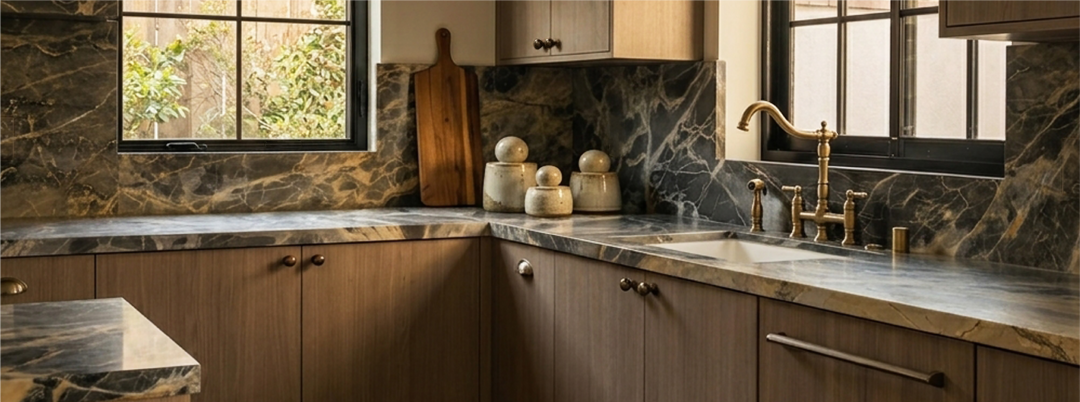 Ryan Saghian Clifton House Kitchen with Delacour Bridge Kitchen Faucet, Rindahl Appliance Pull, Rustic Cup Pull, Rodino Cabinet Knob in Aged Brass