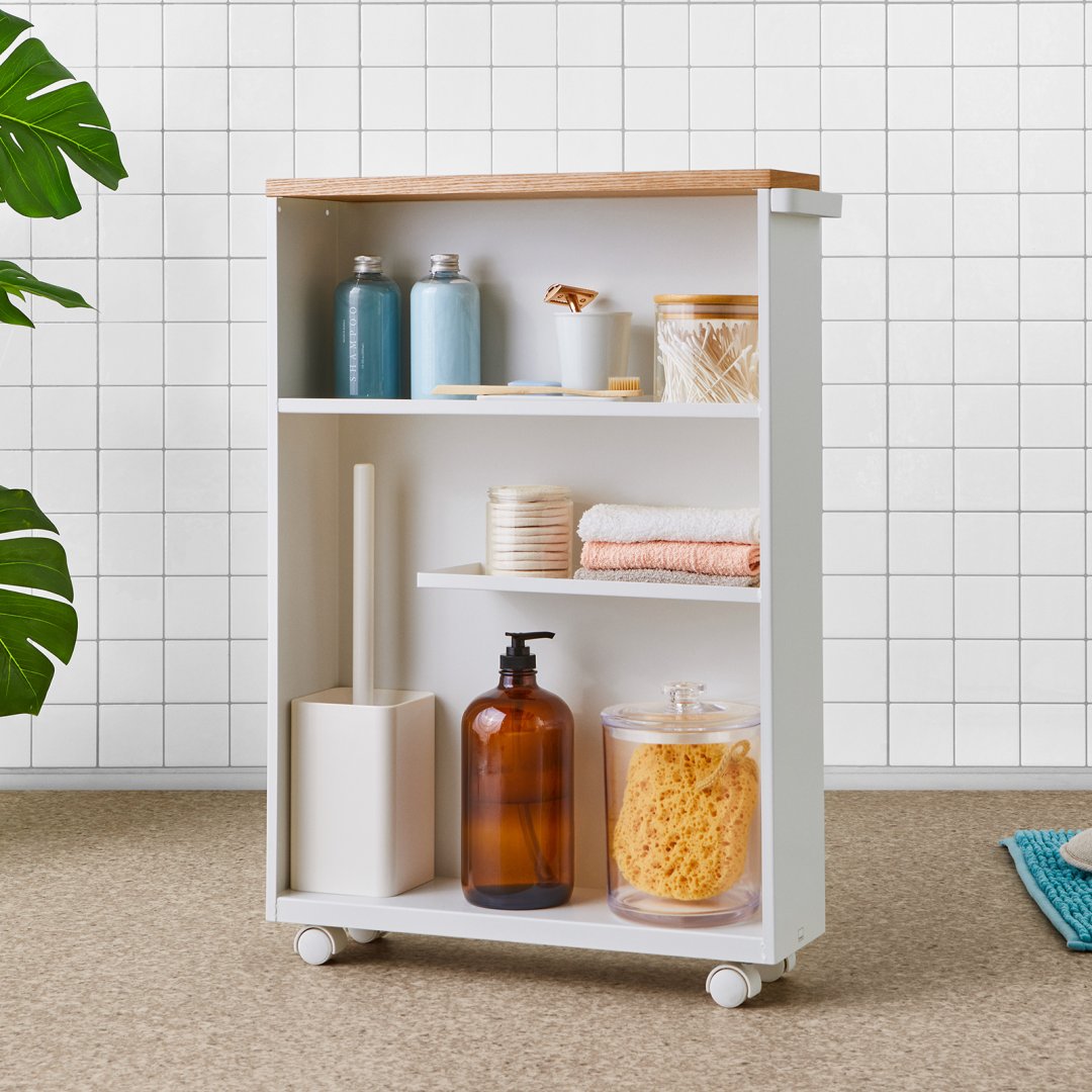 Yamazaki Home slim rolling storage cart styled in a bathroom