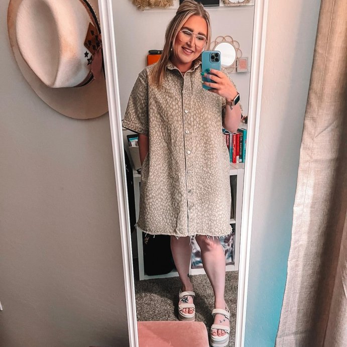 user image by @thewickumedit, Women's Leopard Denim Mini Shirtdress - Universal Thread™ Tan