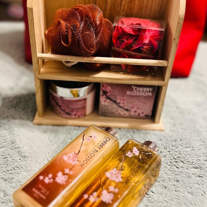 user image by @kellymbena, Freida & Joe  Cherry Blossom Fragrance Spa Collection in Wood Curio Bath & Body Gift Set
