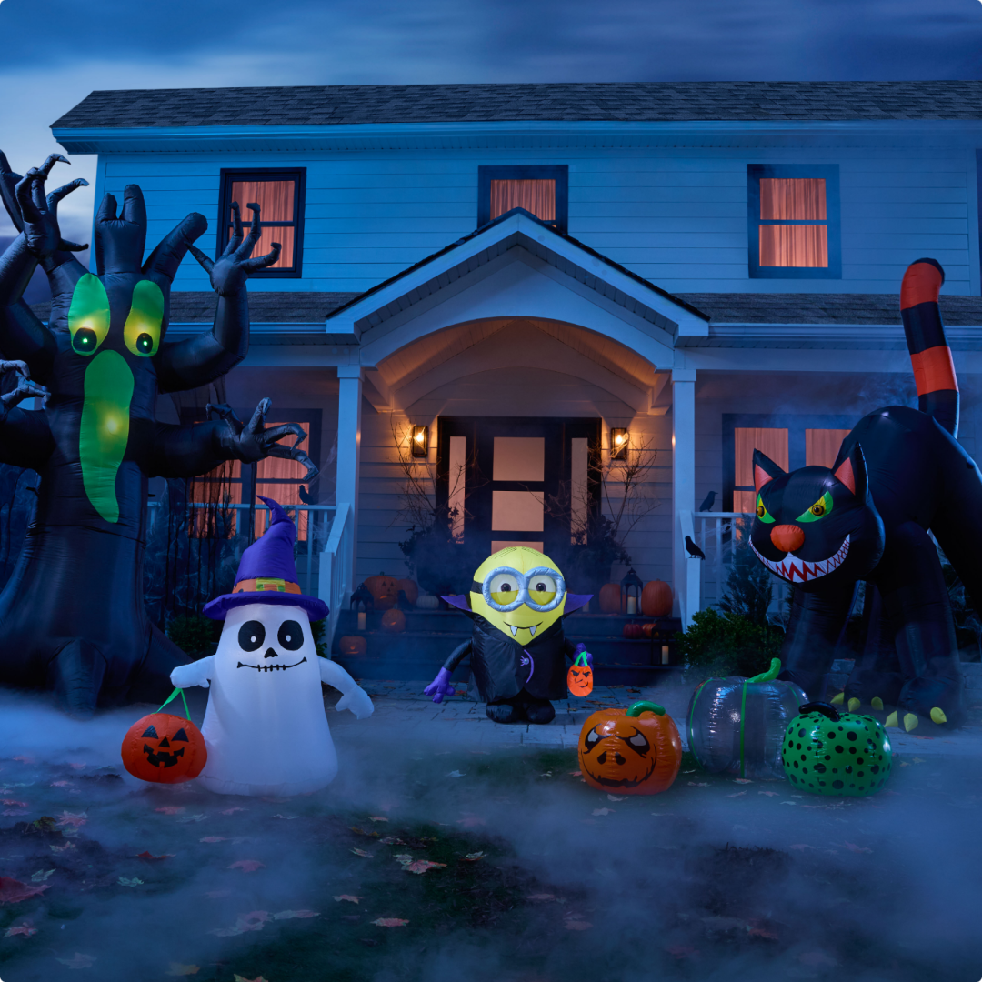 Shop Gemmy Air Blown Spooky Face Tree with Stakes, 12-ft, Gemmy Air Blown Trick Or Treat Ghost Halloween Dec, Universal Air Blown Minion Vampire Bob Decoration , Gemmy Mini Water Based Fog Machine with 400W LED Lights, Indoor/Outdoor Decoration for Halloween, Silver, 12 1/4-cm, Fog Machine Liquid, 3.78-L, Non-Toxic & Water Based Indoor/Outdoor Decoration for Halloween, PartyAire Indoor/Outdoor Inflatable Jack-O'-Lantern Pumpkins, 3-pc, For Living Indoor/Outdoor Inflatable Black Cat, Animated, 10-ft and more
