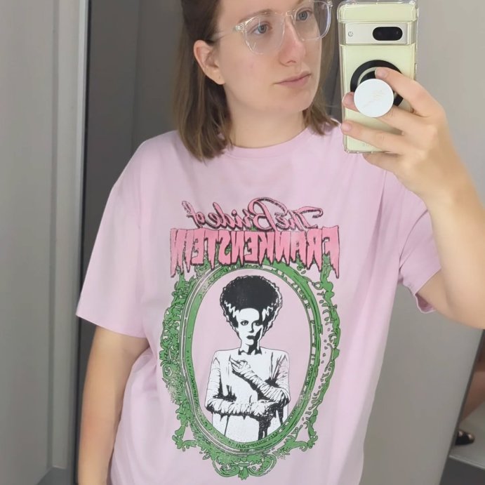 user image by @abbys_findsandfaves, Women's Bride of Frankenstien Oversized Short Sleeve Graphic T-Shirt - Pink