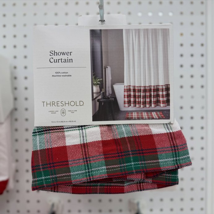 user image by @katattarget, 72&#34;x72&#34; Green/Red Plaid Ruffle Christmas Shower Curtain Cream - Threshold&#8482;