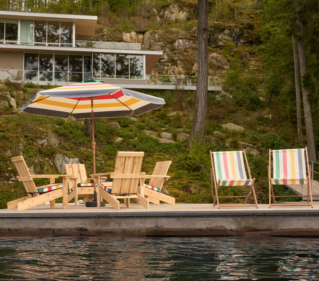Shop Hudson's Bay Stripes Folding Beach Chair, Water/Fade/Rust-Resistant, Multi-Coloured, Hudson’s Bay Stripes Modern Muskoka Chair, 35 x 30 x 35-in, Hudson's Bay Stripes Valance Umbrella, Multi-Coloured, 9' and more