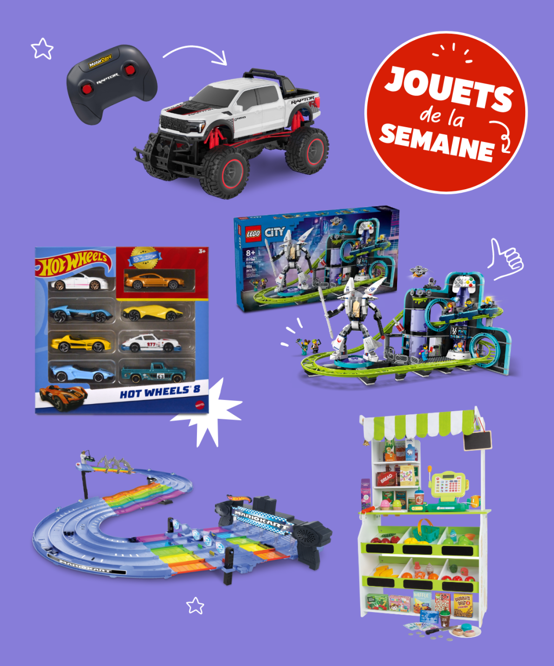 Shop Camion 4x4 téléguidé New Bright Raptor, échelle 1/, Hot Wheels Voiture de base, paq. 8, LEGO City Le parc de montagnes russes Monde des ro, Piste de course arc-en-ciel Hot Wheels Mario Kart,, Épicerie Just My style J'adore and more