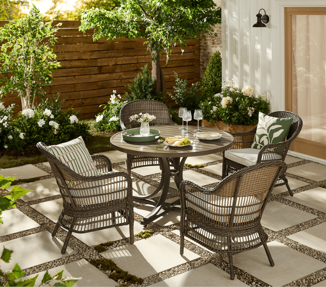 Shop CANVAS Lorette Outdoor Patio Round Dining Set with Wicker Chairs and Built-in Umbrella Pedestal, Brown, 5-pc, CANVAS Olive Striped Cushion Cover, Outdoor, Water-Resistant, Cover Only No Insert, 18 x 18-in, CANVAS Serene Garden Olive Leaf Serving Tray, CANVAS Scalloped Dinner Plate, BPA-free, Plastic, Ivory Colour, CANVAS Olive Leaf Cushion Cover, Water/Stain/Fade-Resistant, Green, Cover Only No Insert, 18 x 18-in, CANVAS Pastel Striped Woven Throw, Lightweight, 50x60-in and more