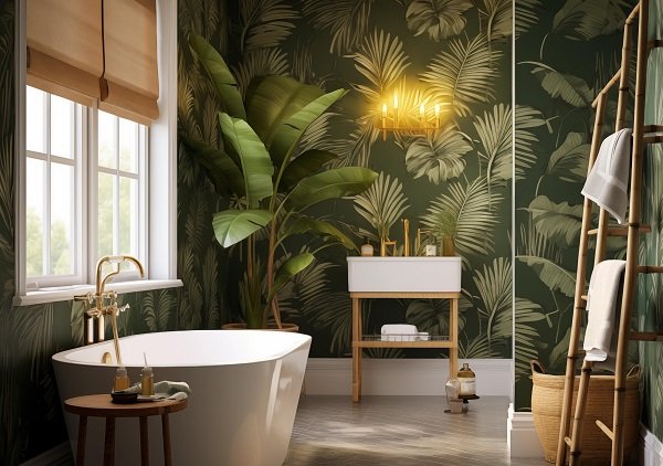outside mount roman shades in a tropical bathroom setting