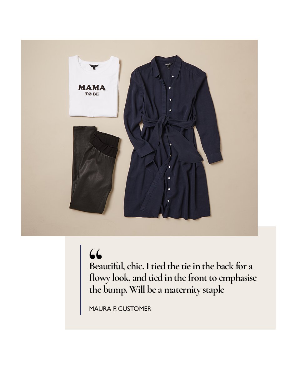 Shop Isabella Oliver Aiden Maternity Dress-Classic Navy, Isabella Oliver Rowsley Maternity Leather Leggings-Caviar Black, Isabella Oliver Blake Maternity Tee-Pure White and more