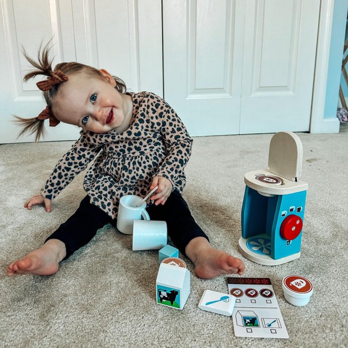 user image by @burntchickennuggetfamily19, Melissa &#38; Doug 11-Piece Brew and Serve Wooden Coffee Maker Set - Play Kitchen Accessories