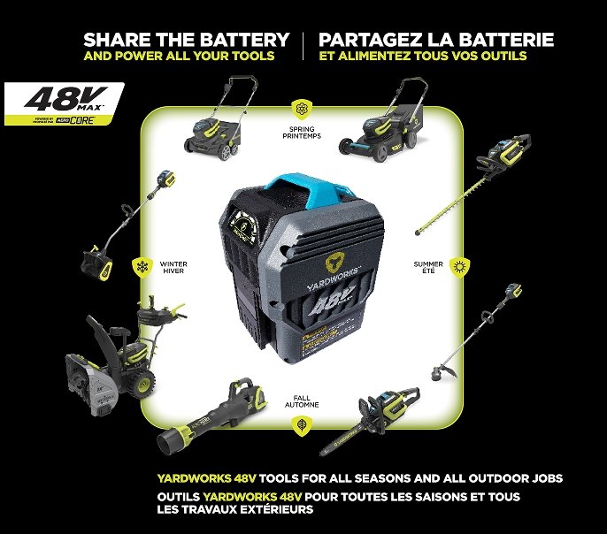 Shop Yardworks 48V Brushless Cordless Snow Shovel with 4Ah Battery & Charger, 12-in, Yardworks 48V 3-in-1 Brushless Push Lawn Mower, 21-in with 6Ah Battery & Charger, Yardworks 48V Max* Cordless Brushless Dethatcher, 14-in, Yardworks 48 V Lithium-ion Cordless Hedge Trimmer, Tool only, 24-in, Yardworks 48V Direct Drive Cordless Grass Trimmer with Power Sense, 15-in, Yardworks 48 V Max Lithium-ion Brushless Chainsaw, 4 Ah Battery Included , 14-in, Yardworks 48V Lithium Ion Max Brushless AeroForce 2.0 750 CFM Leaf Blower Kit with (1) 4.0Ah Battery & (1) 2.0A Charger, Yardworks 96V Two-Stage Brushless Self-Propelled Cordless Snow Blower with 2x8Ah Batteries & 2x4A Chargers, 24-in and more