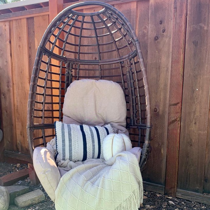 user image by @smallhouse_smallerbudget_diy, Pitner Wicker Swivel Egg Chair - Dark Brown/Beige - Christopher Knight Home: Weather-Resistant Polyester Cushion, Iron Frame